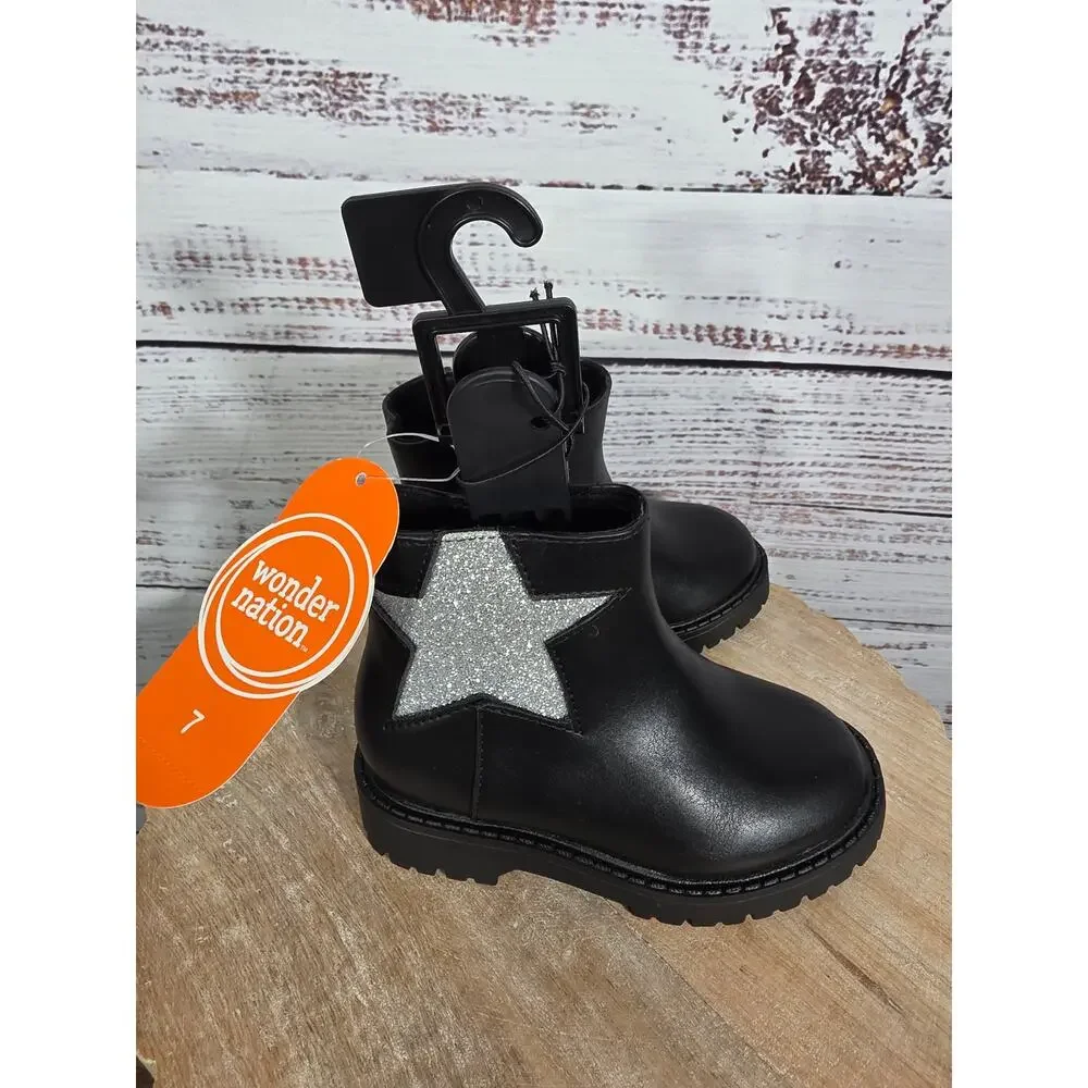 Wonder Nation Black Silver Glitter Star Ankle Bootie Girls Size 7 NWT